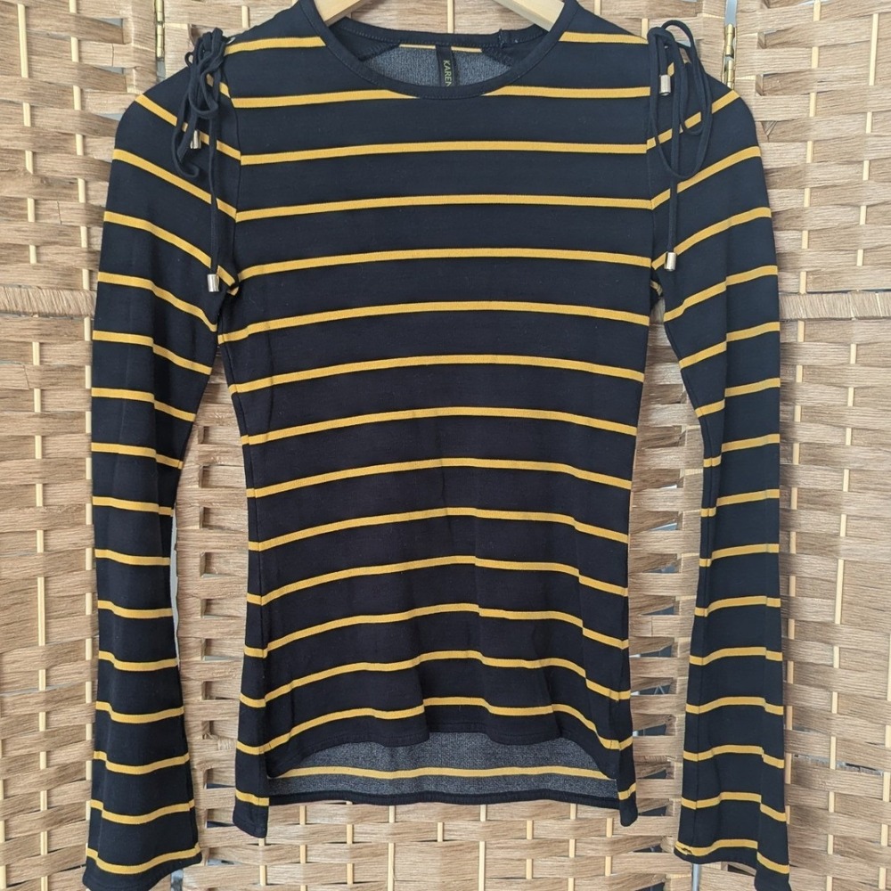 Karen Millen‎ Navy Yellow Stripe Flare Sleeve Lace Up Shoulder Knit Top Womens 4